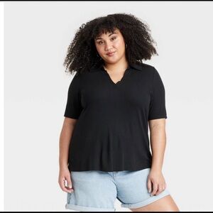 NWT Ava & Viv 3X Ribbed Polo Shirt Black Short Sleeve Cotton Soft Plus Size